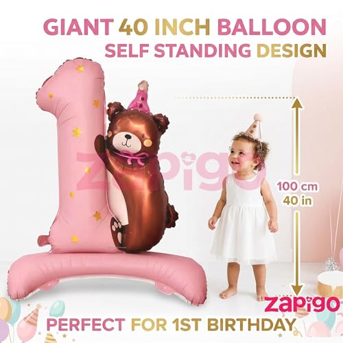 Image of Balloonistics Number 1 Self-Standing Pink Foil Balloon with Teddy Bear | 1st Birthday Baby Girl Decoration | First Birthday Pink Balloon | No Helium Needed
