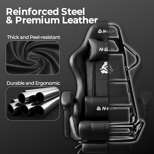 Image of N-GEN GAMING Gaming Chair with Footrest, Lumbar, High-Back, All Black | Reclining Backrest, Linkage Armrests, Durable PU Leather, Adjustable Comfort for Extended Computer, Desk, or Home Office Use