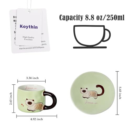 Taza con ilustración de gato verde de cerámica miniatura 2
