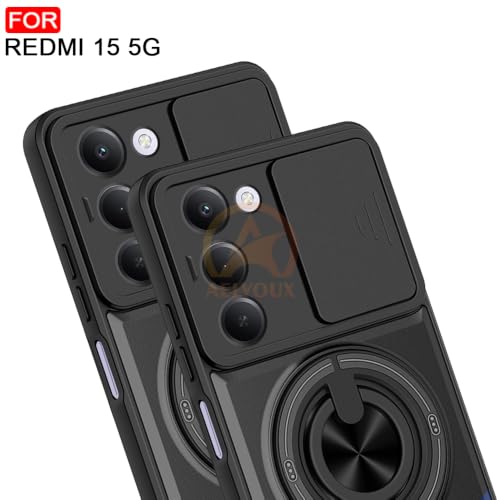 Image of Redmi 15 5G Back Cover | Armor Camera Slider 360 Degree Rotating Finger Ring Holder Case with Bracket Stand Back Case Cover (Compatible with MagSafe Accessories) (Black)