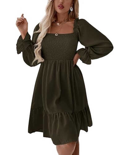 Image of LYANER Women's Square Neck Lantern Long Sleeve Shirred Ruffle A Line Flowy Party Mini Dress