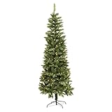 6Ft/1.8m Pre-Lit Green Christmas Tree Slim Tree Pine Narrow Xmas Tree, Pointed Tips, Metal Stand, Warm White LED Lights, Holiday Home Decorations