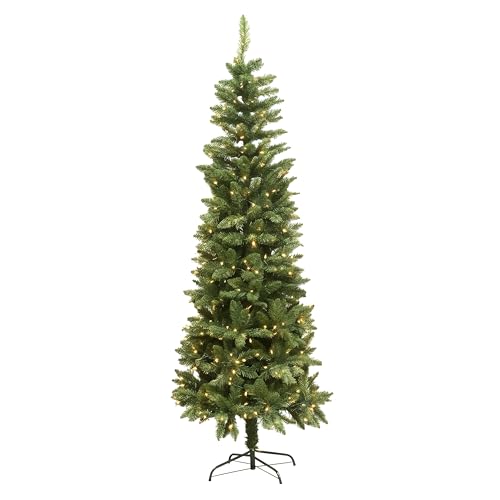 8Ft/2.4m Pre-Lit Green Christmas Tree Slim Tree Pine Narrow Xmas Tree, Pointed Tips, Metal Stand, Warm White LED Lights, Holiday Home Decorations