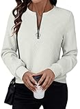 BLENCOT Sweatshirt for Women Casual Half Zip Quilted Shirts Crew Neck Long Sleeve Formal Textured Pullover Tops Fall Sweater Top White L