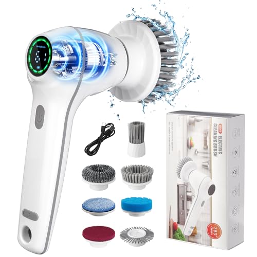 Electric Spin Scrubber, Cordless Shower Scrubber Handheld Electric Spin Scrubber for Cleaning with Display IPX7 Waterproof, Electric Cleaning Brush with 7 Replaceable Heads for Kitchen Tub Tile Sink