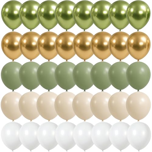 Image of Sage Green Gold Balloons, 12 Inch 60 Pcs Metallic Olive Green White Gold Confetti Balloons Retro Green Balloons for Birthday Bridal Baby Shower Wedding Jungle Safari Camp Bachelorette Decorations