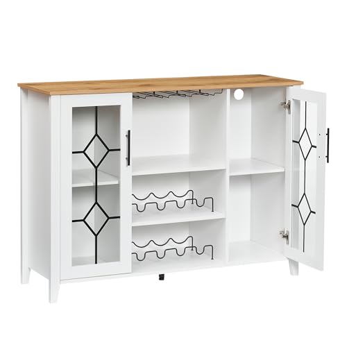 Image of Farmhouse Wine Bar Cabinet with LED Light, Wood Storage Cabinet with Glass Doors, Adjustable Shelves, Wine & Coffee Station for Dining Room, Living Room, Home Bar,White