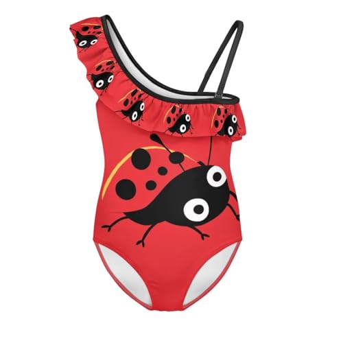 Image of Ladybug Swimsuits for Girls 5-14 One Piece Bathing Suit Kids One Ruffle Shoulder Beach Sport Swimwear