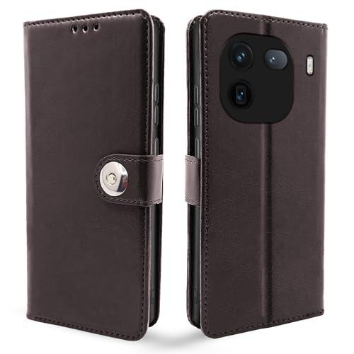 Image of Pikkme iQOO 12 5G Flip Cover Leather Finish | Inside TPU with Card Pockets | Wallet Stand and Shock Proof | Complete Protection Button Flip Case (Coffee)