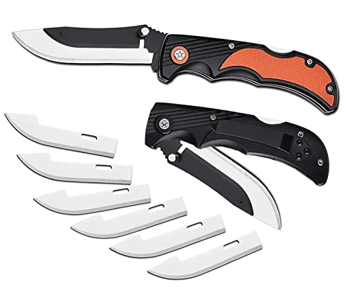 Pocket Folding Outdoor Hunting Knife, 3.5 inch, with 7 Replaceable Sharp Baldes, Nonslip Handel, Pocket Clip, One Hand Opening(Orange)