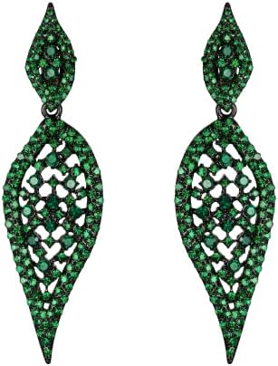 EVER FAITH Art Deco Clip-on Dangle Earrings, St Patricks Day Leaf Round Rhinestone Crystal Chandelier Drop Earrings for Party Green Black-Tone