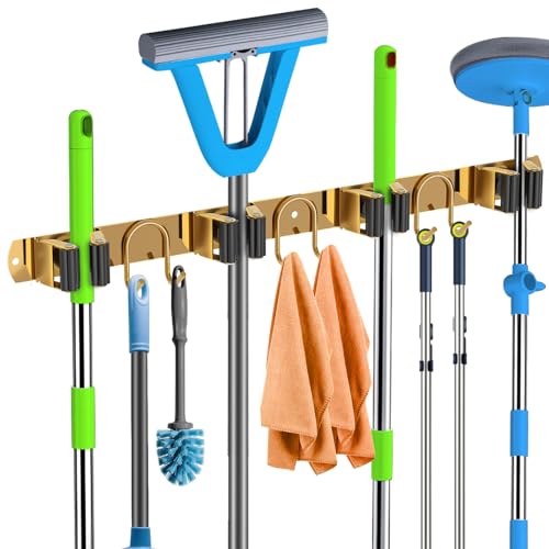 GUUKAR Mop Broom Holder Wall Mount, Gold Stainless Steel Tool Storage Organizer for Kitchen Garden Garage Laundry Room Bathroom and RV with 4 Slots 6 Hooks
