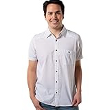 Cariloha Men's Bamboo-Viscose Woven Button-Up - Casual, Collared Short Sleeve Shirt - Medium - White/Navy