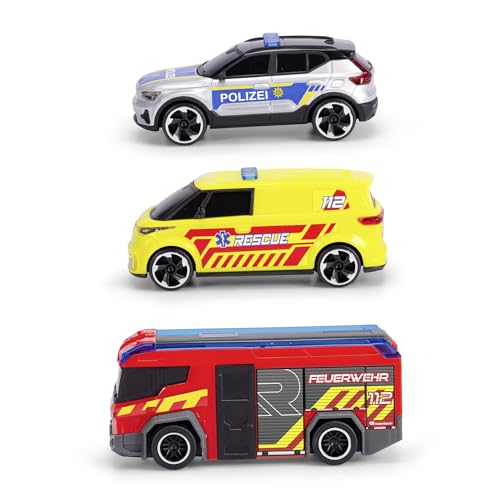 Dickie Toys - SOS-Team Spielzeugautos (je 15 cm) - 3er-Set Autos mit Freilauf für Kinder ab 3 Jahre, Volvo EX40 Polizeiauto, VW ID. Buzz Krankenwagen & Rosenbauer Penta Feuerwehrauto