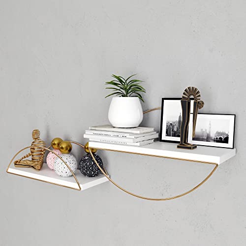 Iron Wood Gold Wall Shelves White - Set Of 2 Gold Wall Shelves - Wall Mounted Shelf Organizers – Polished Silver & Nickel Finish Storage Racks For Bathroom Or Kitchen, Easy Assembly #TOP17