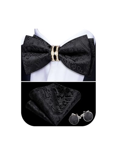 Image of YOHOWA Mens Bow Tie Set Paisley Pre-tied Bowties Adjustable with Handkerchief Cufflinks Gold Ring Set Wedding Prom Party
