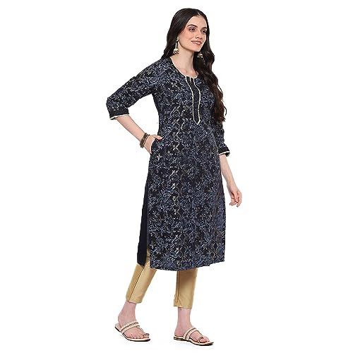 Image of Rangriti Blue Liva Straight Printed Kurta for Women