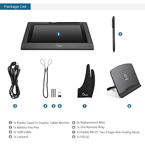 Parblo Coast10 10.1" Digital Pen Tablet Display Drawing Monitor 10.1 Inch with Cordless and Battery-Free Pen+ 4ports USB3.0 Hub+ Glove