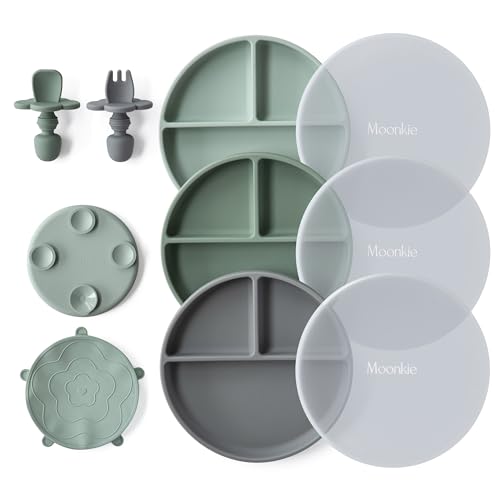 Moonkie Lot de 3 assiettes en silicone pour enfant avec couvercle, assiettes pour bébé avec ventouse, sans BPA, antidérapantes, divisées, avec fourchettes et cuillères, passent au micro-ondes et au