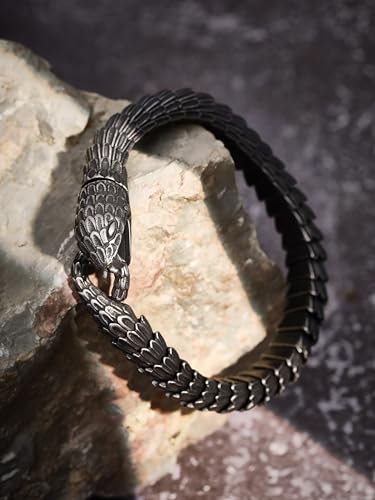 HAQUIL Viking Serpent Bracelet, Antique Oxidized Steel Ouroboros Jormungandr Link Bracelet, Viking Jewelry Gift for Men4