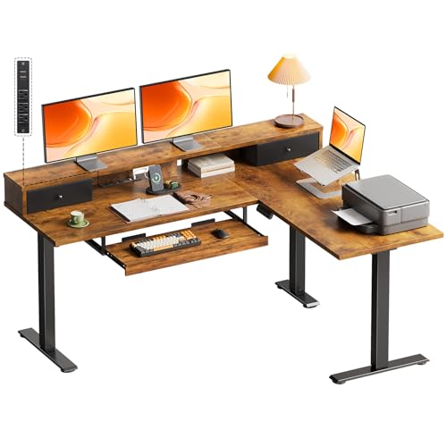 Image of OffiGo 59 Inch L Shaped Electric Standing Desk with Drawers, Rustic Brown