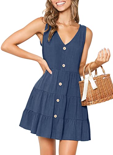 Image of MITILLY Women's Casual T-Shirt Dresses Sleeveless V Neck Button Down A Line Loose Swing Short Dress with Pockets
