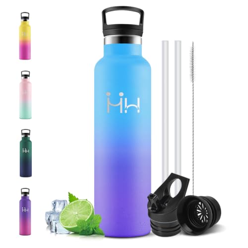 Motswedi Botella Termica 1l, con Pajita, Botella Agua Acero Inoxidable, Cantimplora Termica, 12h de Bebida Caliente y 24h de Bebida Fría, para Gym, Yoga, Oficina, Azul cielo & Morado