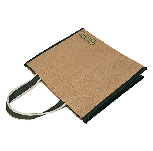 Image of DOUBLE R BAGS Big Heavy Duty Eco Reusable Jute Cloth Shopping Bag with 6 Pockets & Reinforced Handles | Grocery, Milk, Fruits & Vegetable Carry Organizer Tote | Dark Green, 45x17x35 cm, 1 Compartment