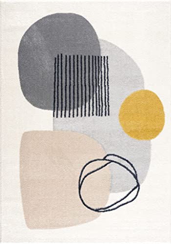 Abani Rugs Cream And Gray 8 Ft. X 10 Ft.(7'9"X10'2") Mid-Century Rug With Circles And Lines. Neutral Tones Of Cream, Gray And A Pop Of Yellow. Minimalistic Design Turkish Stain Resistant Area Rug. #TOP1