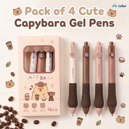 Image of FunBlast Capybara Kawaii Gel Pen Set - (Pack of 4) Cute Coffee Theme Pens with Soft Sponge Grip, 0.5mm Smooth Writing Pens for School, Office, Gifts & Stationery Lovers (Blue Ink)