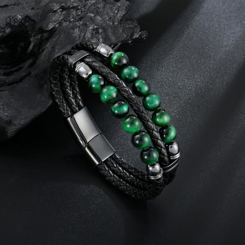 Pulsera trenzada de cuero para hombre con piedras Ojo de Tigre miniatura 6