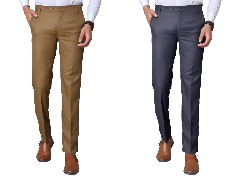 Men Regular Fit Cotton Blend Trousers (Pack of 2 Dark Grey & Khaki)-image-40