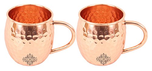 Indian Art Villa Set of 2 Hammered Pure Copper Moscow Mule Beer Mug Cup with Copper Handle 18 Oz each - Bar Hotel Restaurant Tableware