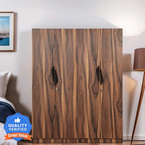 Image of Mintwud Pepperfry Engineered Wood Wardrobe with 4 Doors Storage and 2 Hanging Rod | Wooden Almirah Cupboard for Clothes Storage Organizer for Living Room Home Bedroom Furniture (Brown Finish)