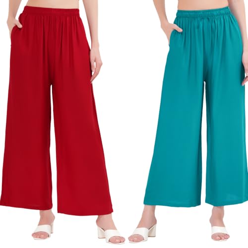 Image of Buy That Trendz Palazzo Pants for Women Rayon Elasticated Regular Fit Flared Wide Leg M to 6XL Pack of 2