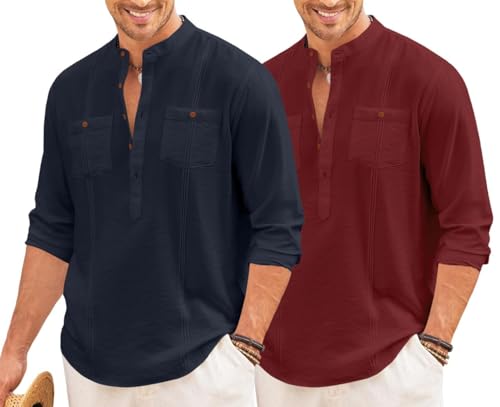 Image of Macsivo Combo of Men's Regular Fit Cotton Blend Solid Casual Short Kurta with Mandarin Collar and Pockets Kurta Pack of 2