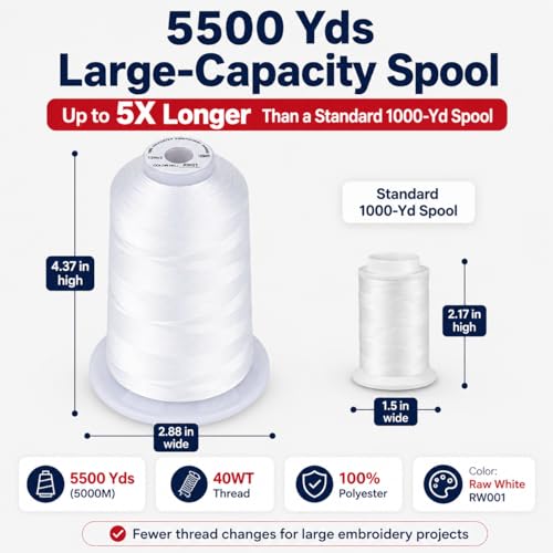 Image of Simthread 5000M 40WT Polyester Embroidery Thread, Raw White RW001 | 5000M 40WT polyester thread feeds smoothly for machine embroidery, monograms, logos, patches and quilting.