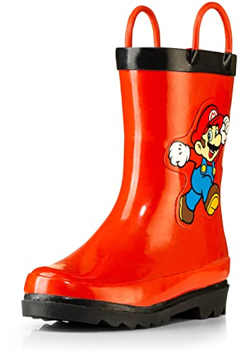 Nintendo Super Mario Boys' Waterproof Rubber Rain Boots with Easy-On Handles – Size 13 Little Kid