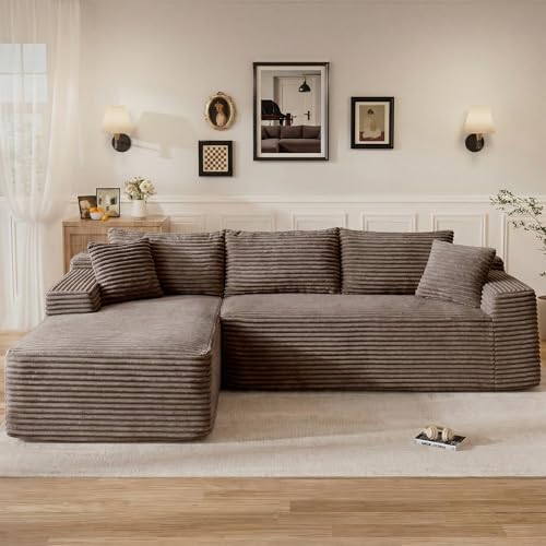 Image of 95 inch L Shaped Cloud Boneless Sectional Couches for Living Room, Modern Comfy Modular Deep Seat Memory Foam Compressed Corduroy Sofa Oversized Left Facing Chaise, No Assembly Required, Brown