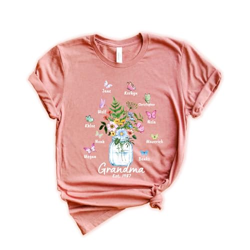 Custom Kids Name Grandma Shirt, Floral Grandmother Tee, Personalized Graphic Butterfly Shirt, Mother's Day Gift, Customized Name Flower Pot Tshirt, Graphic Est. Date Vase Shirt