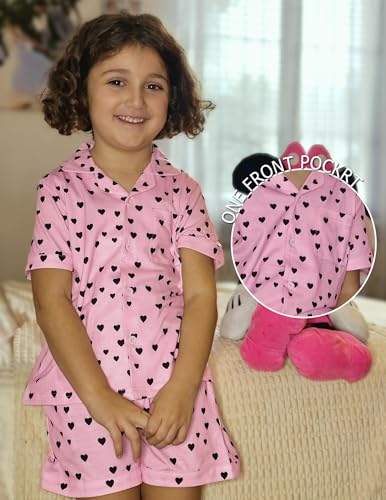 Image of Arshiner Girls Pajamas Sets Short Sleeve Kids Pjs Button Down Sleepwear | Cute Printed Pajamas for Little & Big Girl, Lightweight Comfy Fabric, 2-Piece Outfits, Perfect for Lounge Pajamas Party