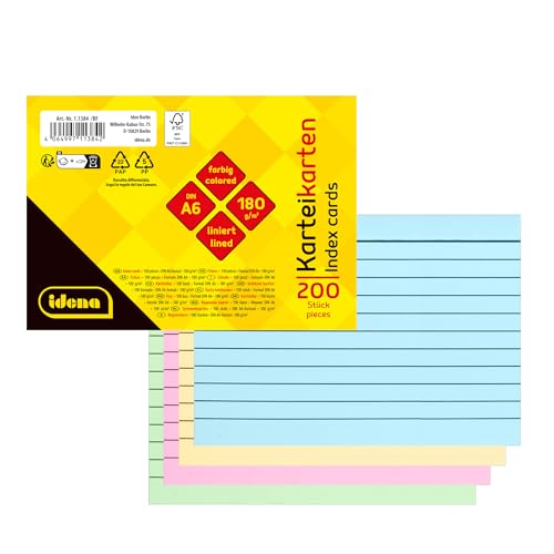 Idena 11384 - Schede A6, 200 pezzi foderati, flashcard in carta FSC-Mix da 180 g/m² in 4 colori, per scuola e ufficio