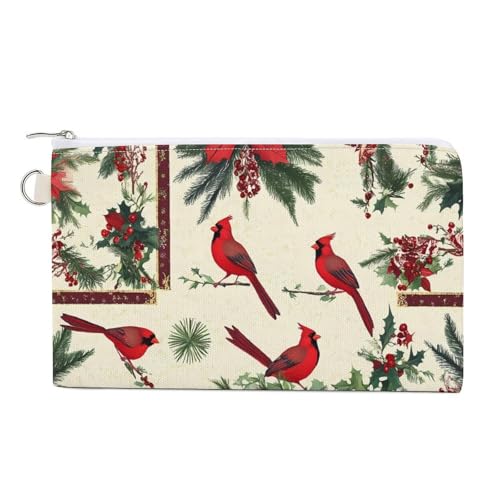 Cardinal Birds Christmas Holly Fashion Coin Purse Change Makeup Bag Canvas Pencil Pouch Travel