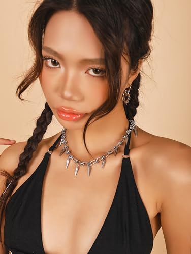 Sacina Silver-tone Chunky Chain Spike Choker, Emo Punk Grunge Necklace, Goth Y2k Aesthetic Jewelry, Christmas Jewelry Gift for Women2