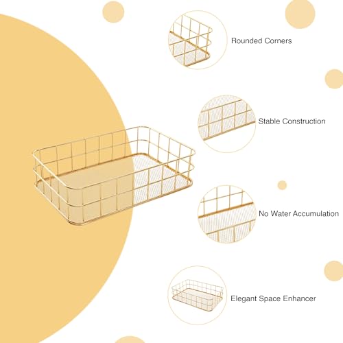 Image of oddpod Gold Wire Mesh Storage Basket /Rectangle Multipurpose Iron Grid Desktop Organizer Bin & Utility Tray For Office And Home - Medium, Rectangular