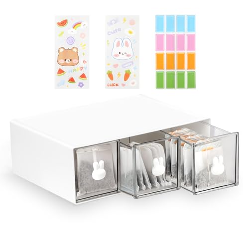 SHAIDOJIO 1PCS Plastic Tea Box Organiser, Clear Tea Bag Organiser with 3 Drawer, Stackable Coffee Bag Holder, Acrylic Teabag Storage Coffee Station Acrylic Storage Container for Office Kitchen