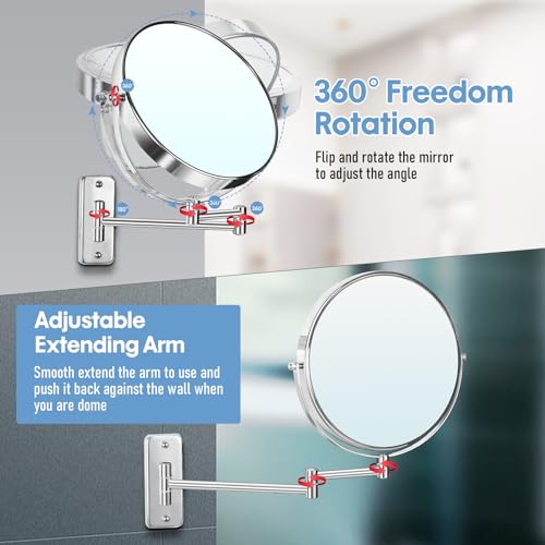 Image of Large Size 9-in Wall Mounted Magnifying Makeup Mirror 1X /10X Magnification,Extendable Bathroom Mirrors Wall Mount Vanity Mirror for Shaving,12-in Folding Arm,Flexible Adjustable,Space-Saving,No Light