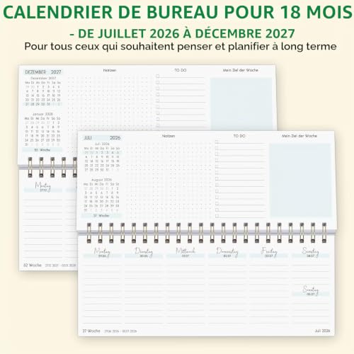 KONVINIT Calendrier de bureau 2026-2027, calendrier hebdomadaire 2027, à poser, motif floral, planificateur hebdomadaire de juillet 2026 à décembre 2027, 1 semaine, 2 pages, calendrier de bureau pour – vue 7