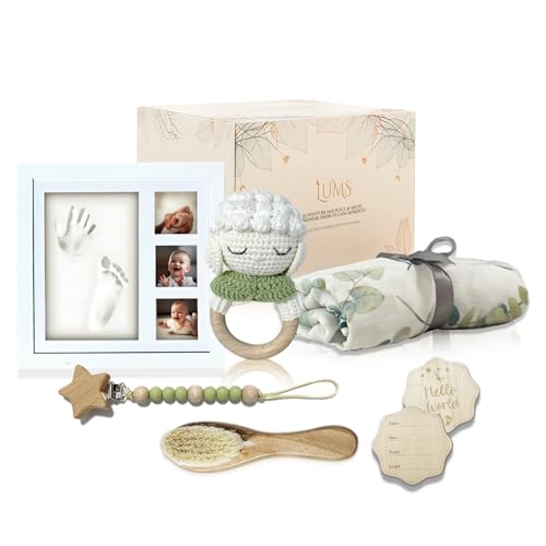 LUMS Canastilla Bebe Recien Nacido Original,6 Productos, Con Marco Impresion de Huellas, Regalos Bebe, Cesta Ideal Baby Shower, Regalo Bebe recien Nacido niño, cesta Bebe Recien Nacido Niño y Niña