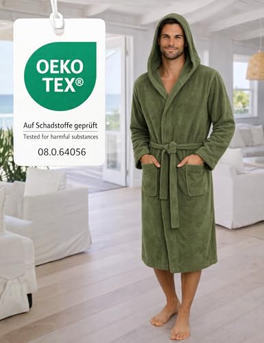 Morgenstern Bademantel Herren Kapuze Frottee 100% Baumwolle OEKO-TEX® Lang Cadiz Oliv-Grün M